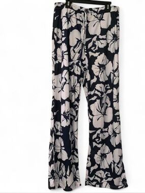 Boho Hippie coastal Grandma Women's navy  & White Floral Wide-Leg Pants size M